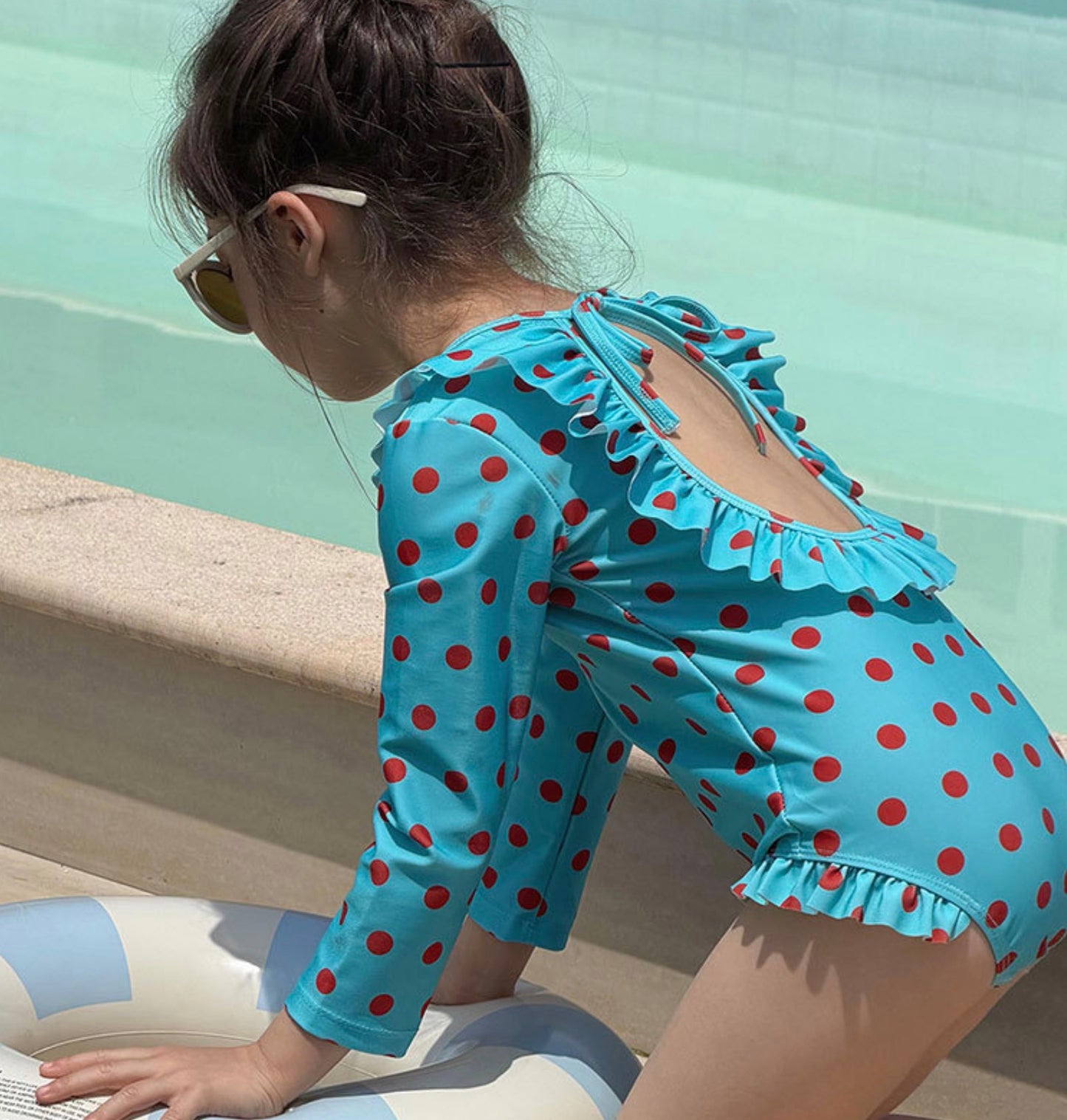 Long-sleeved One-piece Swimsuit Hat Set ラッフル 長袖水着 帽子セット【mh0013326】