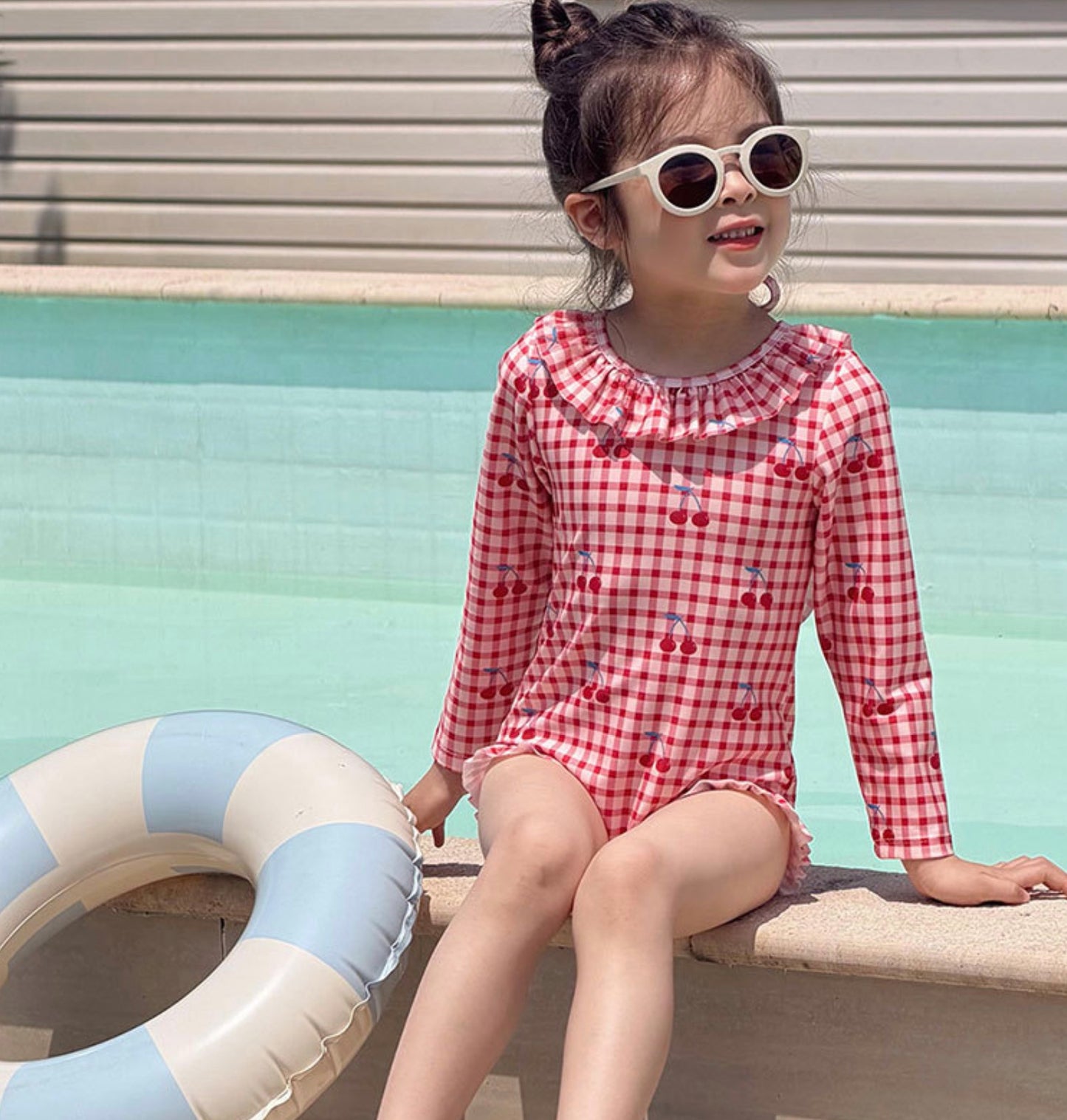 Long-sleeved One-piece Swimsuit Hat Set ラッフル 長袖水着 帽子セット【mh0013326】