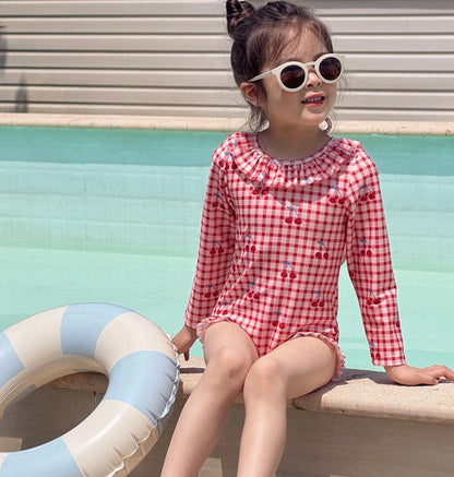 Long-sleeved One-piece Swimsuit Hat Set ラッフル 長袖水着 帽子セット【mh0013326】