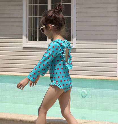 Long-sleeved One-piece Swimsuit Hat Set ラッフル 長袖水着 帽子セット【mh0013326】