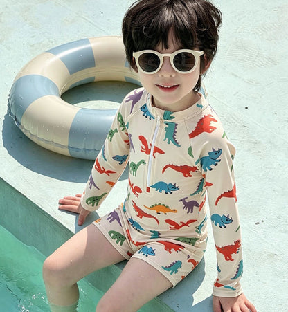 Long-Sleeve Dinosaur One-Piece Swimwear Swimcap Set ラグラン 長袖水着 帽子セット【mh0013338】