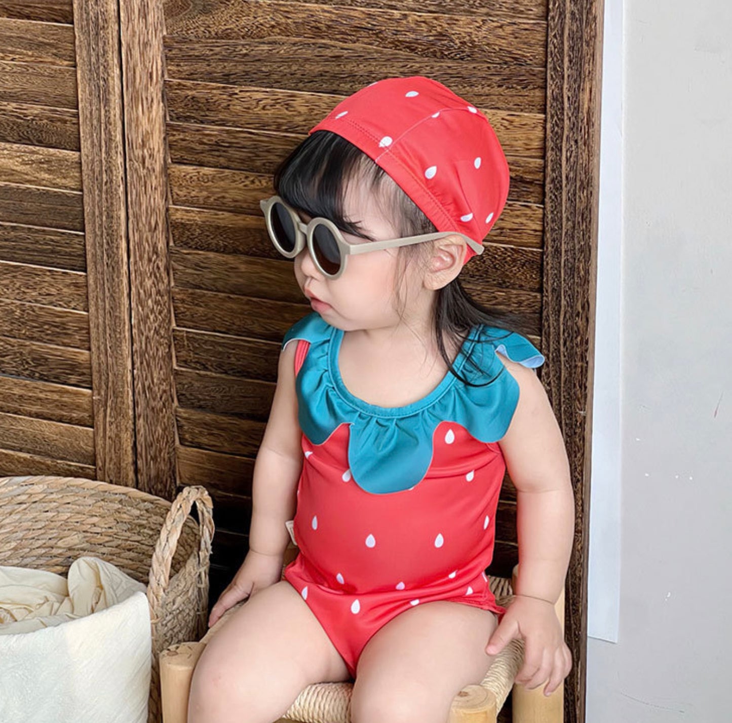 Strawberry Camisole One-Piece Swimwear Swimcap Set いちご ワンピース水着【mh0013344】