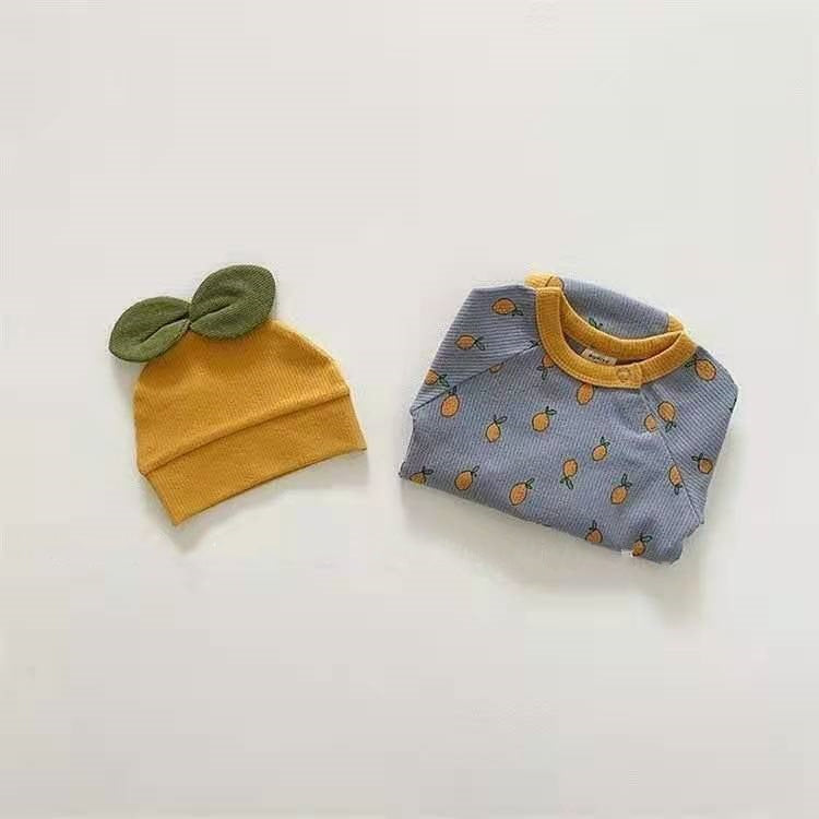 Conjunto de mameluco de manga larga y gorro con estampado de limones y hojas en 3D para bebé [mh0000361]