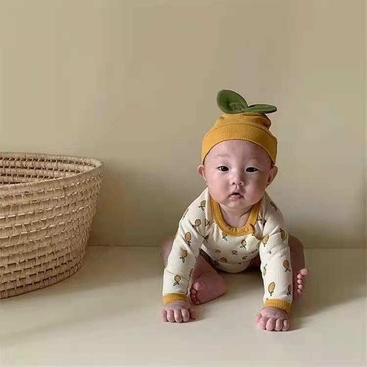 Conjunto de mameluco de manga larga y gorro con estampado de limones y hojas en 3D para bebé [mh0000361]