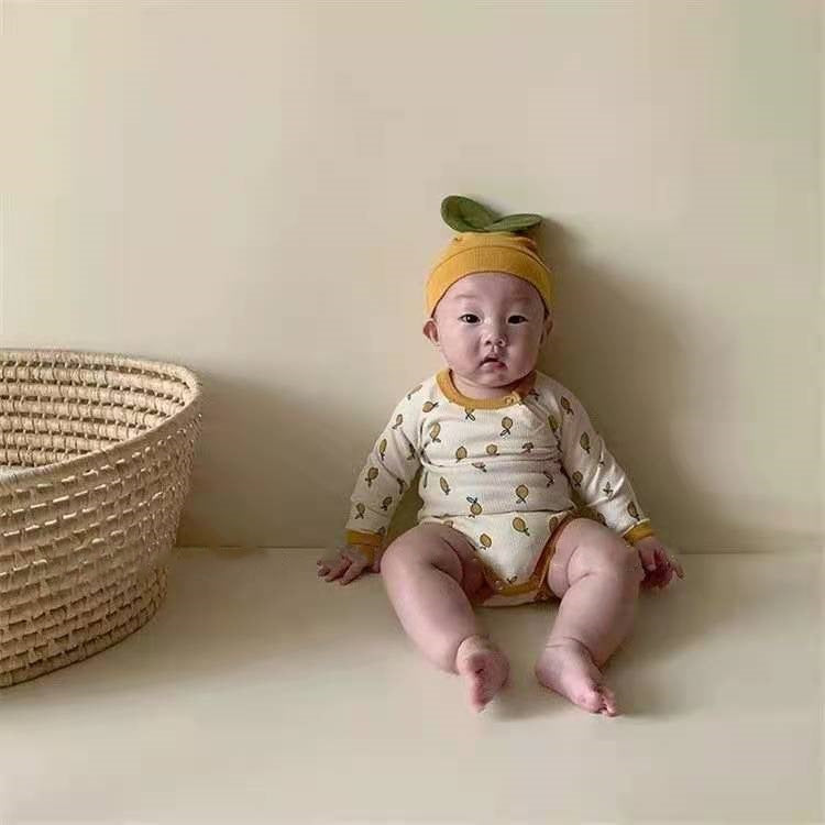 Conjunto de mameluco de manga larga y gorro con estampado de limones y hojas en 3D para bebé [mh0000361]