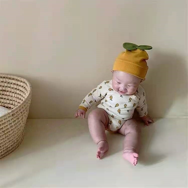 Conjunto de mameluco de manga larga y gorro con estampado de limones y hojas en 3D para bebé [mh0000361]