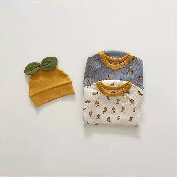 Conjunto de mameluco de manga larga y gorro con estampado de limones y hojas en 3D para bebé [mh0000361]