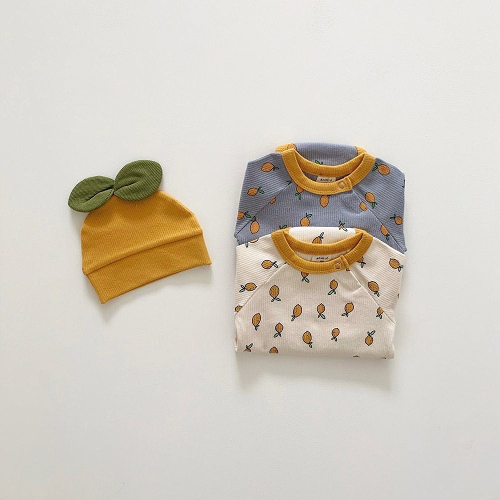 Conjunto de mameluco de manga larga y gorro con estampado de limones y hojas en 3D para bebé [mh0000361]