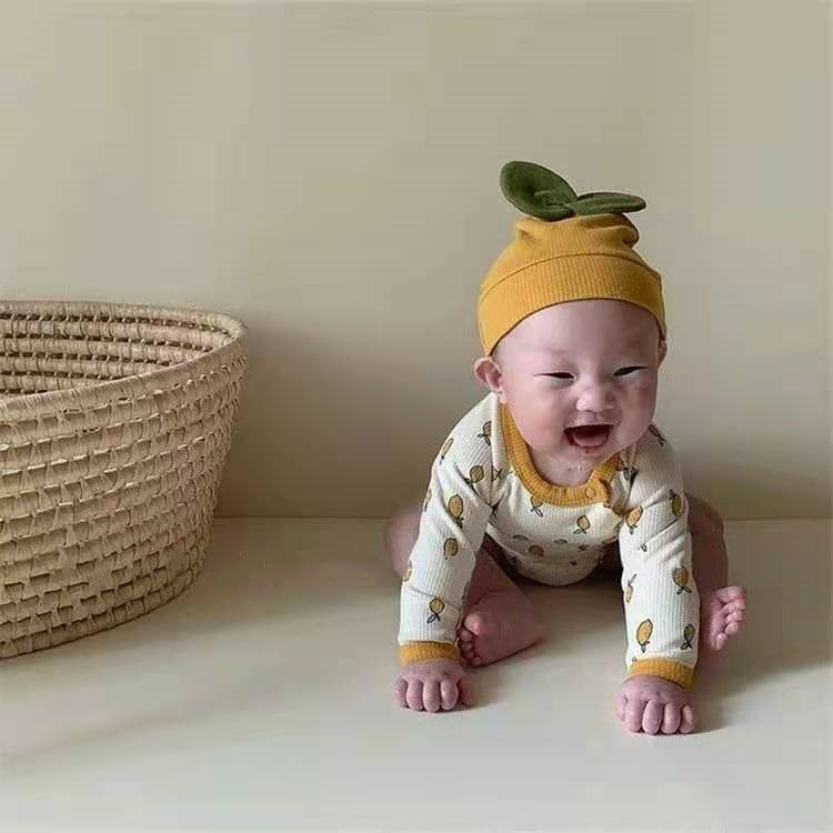 Conjunto de mameluco de manga larga y gorro con estampado de limones y hojas en 3D para bebé [mh0000361]