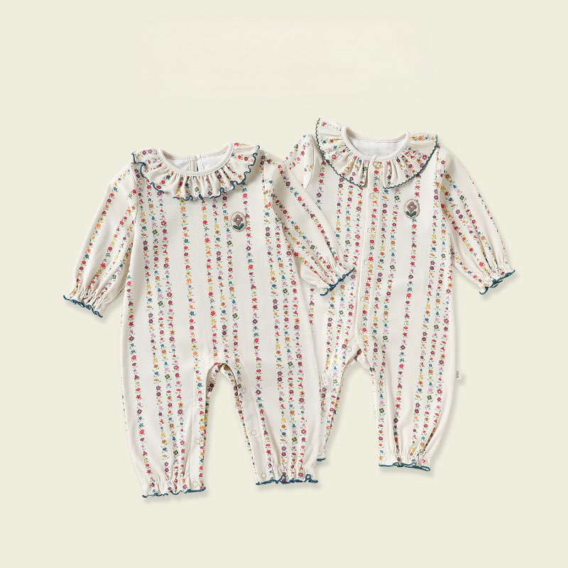 Bebé: pelele de manga larga con cuello de volantes y estampado de florecitas【mh0013962】