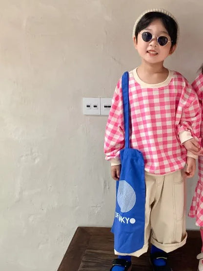 -キッズトップス ワンピース チェック 長袖Tシャツ 長袖フレアワンピース リンクコーデ 兄弟姉妹 お揃いコーデ ピンク/ベージュ/2カラー【mh0000062】 - mamahalo shop - 長袖ワンピース -  べビー服 - 子供服 - 男の子 - 女の子