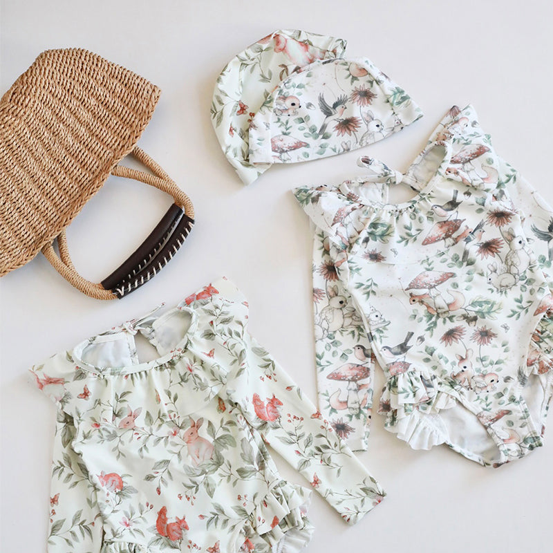 -キッズ水着 ガールズ 長袖ワンピース+帽子セット フリル ラビットうさぎプリント スイムウェア【mh0005985】 - mamahalo shop - ベビー用水着 -  べビー服 - 子供服 - 男の子 - 女の子