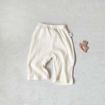 ベビー用クリーム透かし編みロングパンツ、ウエストゴム仕様
