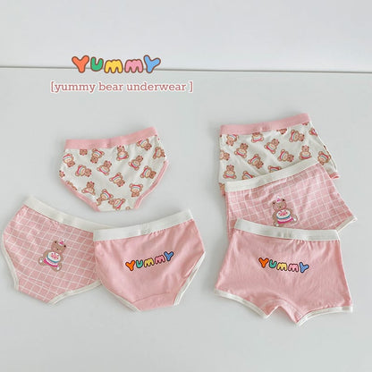 キッズ用ピンクショーツ3枚セット、ロゴ/ベア総柄/チェック柄、白いウエストゴム