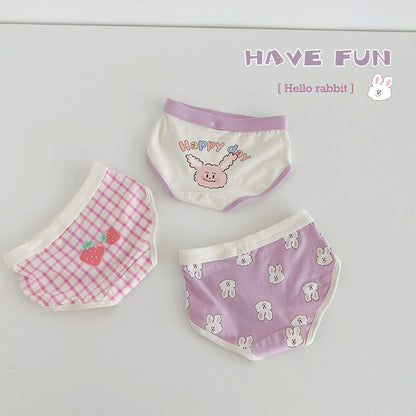 キッズ用ショーツ3枚セット、パープル系・チェック柄・うさぎのワンポイント