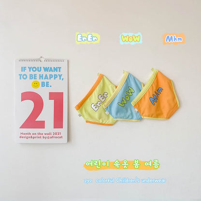 キッズ用アルファベットプリントコットンショーツ3枚セット（オレンジ・水色・黄緑）