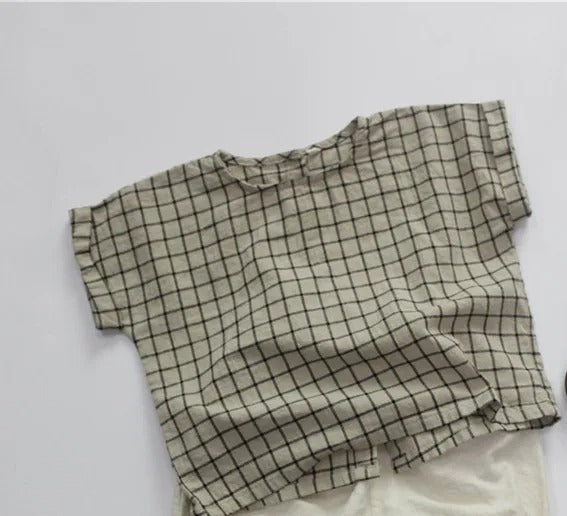 -キッズ コットンリネン チェック 半袖シャツ - mamahalo shop - 半袖シャツ・ブラウス -  べビー服 - 子供服 - 男の子 - 女の子