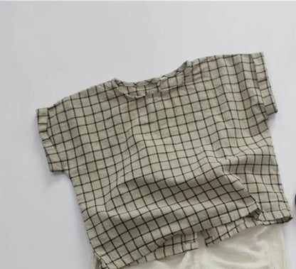 -キッズ コットンリネン チェック 半袖シャツ - mamahalo shop - 半袖シャツ・ブラウス -  べビー服 - 子供服 - 男の子 - 女の子