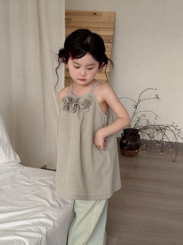 3D Flower Plaid Dress チェック キャミワンピース【mh0013116】 MaiTianJi ノースリーブワンピース