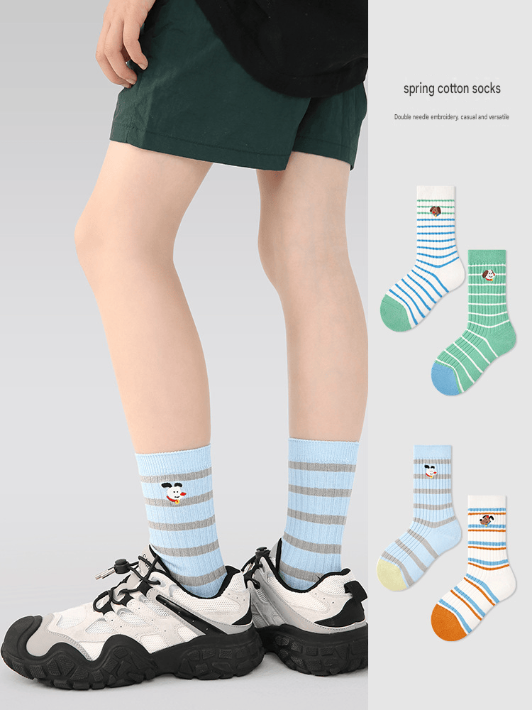 4-Pack Striped Character Mid Calf Socks ボーダー クルーソックス 4足セット【mh0013551】 mamahalo accessory ベビー用靴下・タイツ