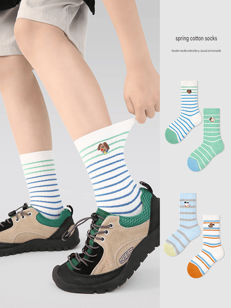 4-Pack Striped Character Mid Calf Socks ボーダー クルーソックス 4足セット【mh0013551】 mamahalo accessory ベビー用靴下・タイツ