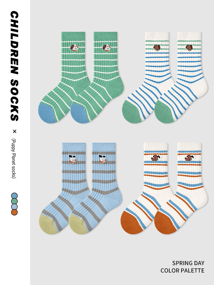 4-Pack Striped Character Mid Calf Socks ボーダー クルーソックス 4足セット【mh0013551】 mamahalo accessory ベビー用靴下・タイツ