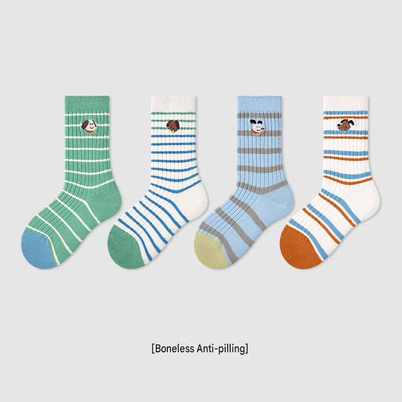 4-Pack Striped Character Mid Calf Socks ボーダー クルーソックス 4足セット【mh0013551】 Z0012 Puppy Planet ankle socks / M mamahalo accessory ベビー用靴下・タイツ
