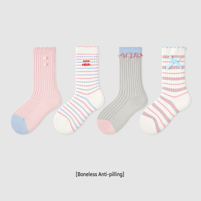 4-Pack Striped Character Mid Calf Socks ボーダー クルーソックス 4足セット【mh0013551】 Z0014 Pearl Bunny Ankle Socks / M mamahalo accessory ベビー用靴下・タイツ
