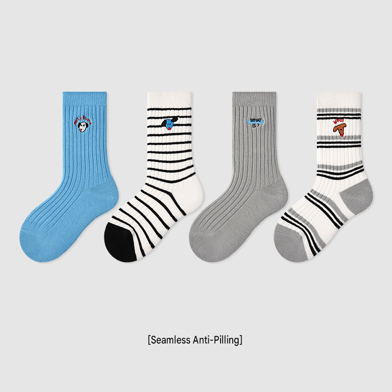 4-Pack Striped Character Mid Calf Socks ボーダー クルーソックス 4足セット【mh0013551】 Z0015 Blues Puppy Ankle Socks / M mamahalo accessory ベビー用靴下・タイツ
