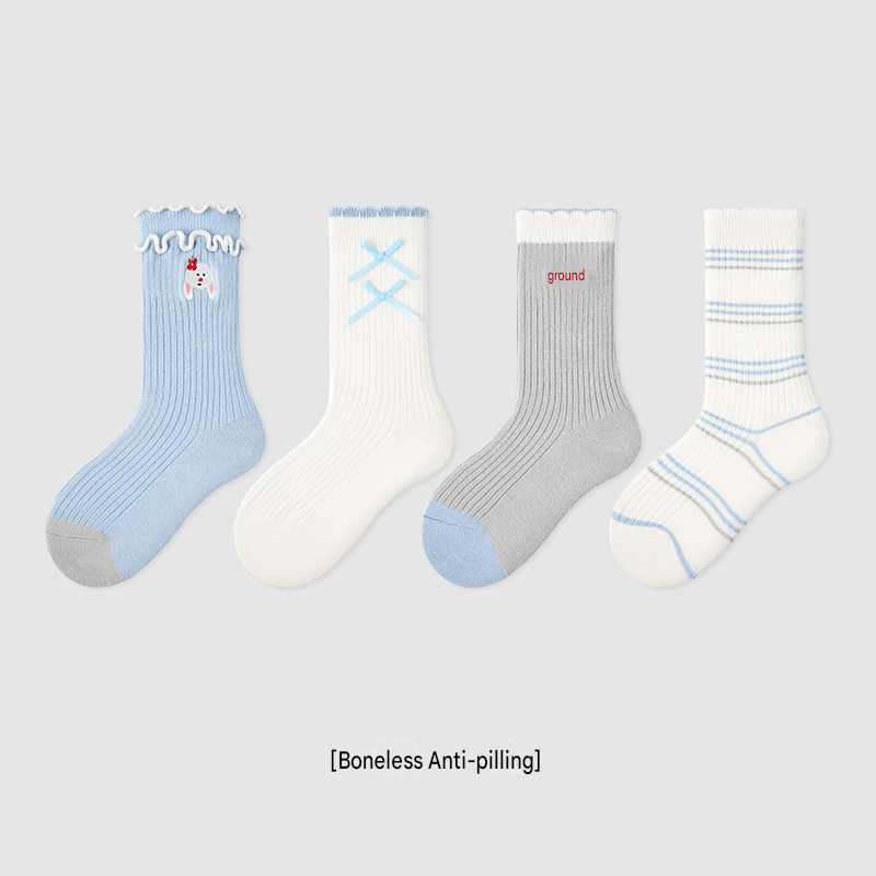 4-Pack Striped Character Mid Calf Socks ボーダー クルーソックス 4足セット【mh0013551】 Z0016 Mist Blue Rabbit Whisper Ankle Socks / M mamahalo accessory ベビー用靴下・タイツ