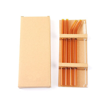 # 4本セット ガラス ストロー ウォーター ドリンク ジュース クリーニング ブラシ 飲料 ミルクティー - Amber / 4pcs straws - カトラリー