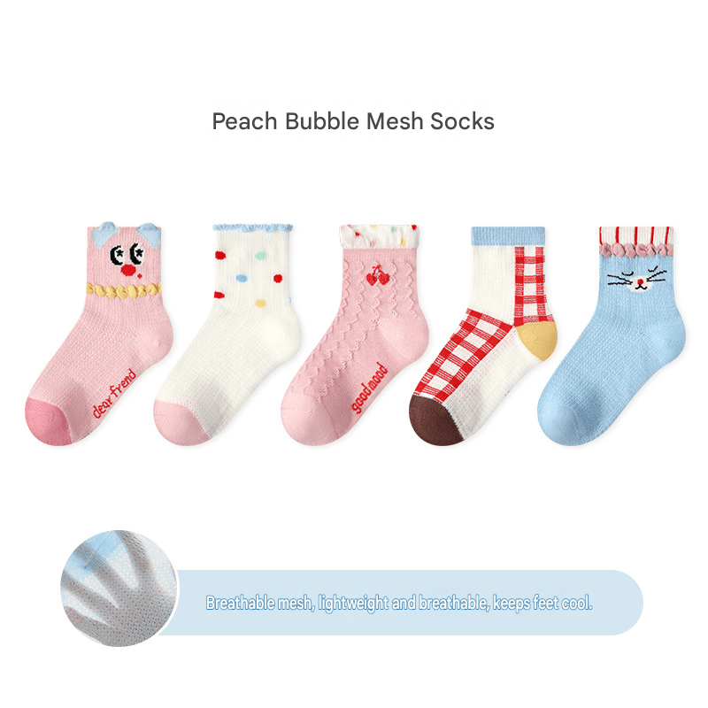 5-Pack Breathable Mesh Character Socks アニマル メッシュソックス 5足セット【mh0013541】 1966 Peach bubble mesh socks for women / S mamahalo accessory ベビー用靴下・タイツ
