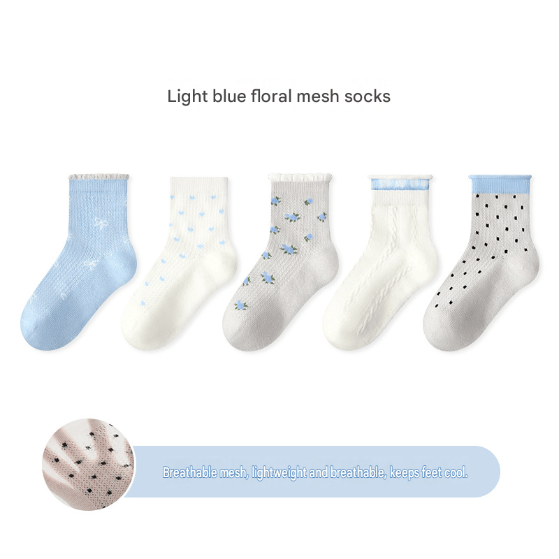 5-Pack Breathable Mesh Character Socks アニマル メッシュソックス 5足セット【mh0013541】 1972 Light Blue Floral Fishnet Socks Woman / S mamahalo accessory ベビー用靴下・タイツ