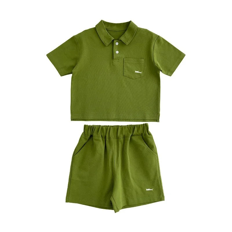 -キッズセットアップ 2点セット 半袖ポロシャツ+ショートパンツ ワンポイント刺繍 3カラー【mh0006033】 - mamahalo shop - 半袖セットアップ -  べビー服 - 子供服 - 男の子 - 女の子