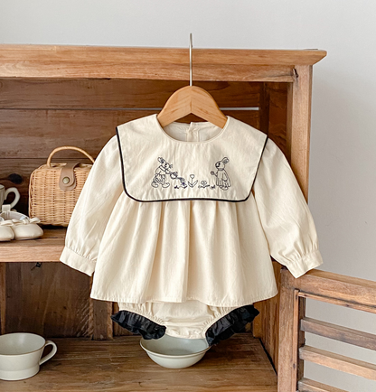 -ベビーキッズセットアップ 2点セット うさぎ刺繍襟長袖チュニックブラウス+ブルマパンツ カーキ【mh0006995】 - mamahalo shop - 長袖セットアップ -  べビー服 - 子供服 - 男の子 - 女の子