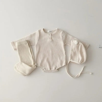 -ベビー長袖ロンパース ボンネットセット 帽子セット ピンクボーダー ホワイト無地 2カラー ユニセックス 男の子 女の子 子供服【mh0003316】 - mamahalo shop - 長袖ロンパース -  べビー服 - 子供服 - 男の子 - 女の子