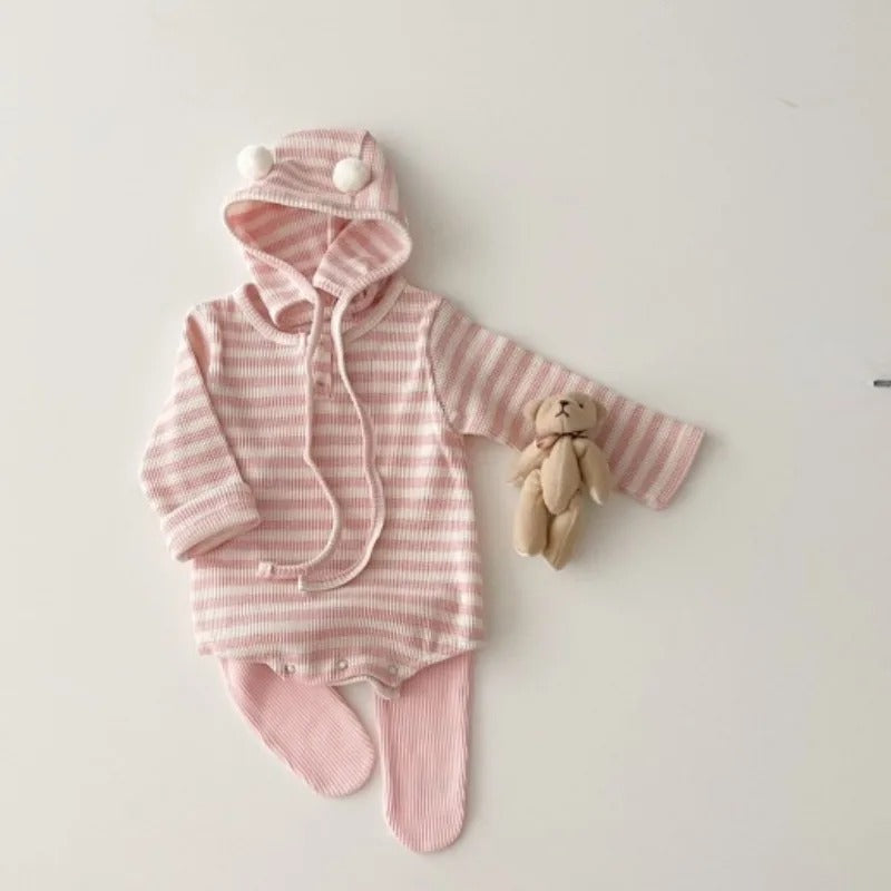 -ベビー長袖ロンパース ボンネットセット 帽子セット ピンクボーダー ホワイト無地 2カラー ユニセックス 男の子 女の子 子供服【mh0003316】 - mamahalo shop - 長袖ロンパース -  べビー服 - 子供服 - 男の子 - 女の子