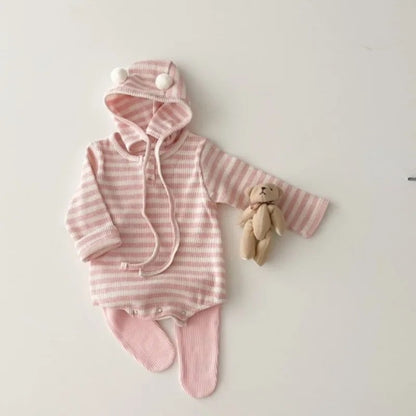 -ベビー長袖ロンパース ボンネットセット 帽子セット ピンクボーダー ホワイト無地 2カラー ユニセックス 男の子 女の子 子供服【mh0003316】 - mamahalo shop - 長袖ロンパース -  べビー服 - 子供服 - 男の子 - 女の子