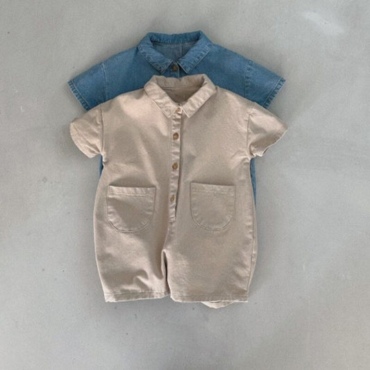 -キッズジャンプスーツ デニム 半袖つなぎ ショートジャンプスーツ 2カラー【mh0006051】 - mamahalo shop - 半袖ジャンプスーツ -  べビー服 - 子供服 - 男の子 - 女の子