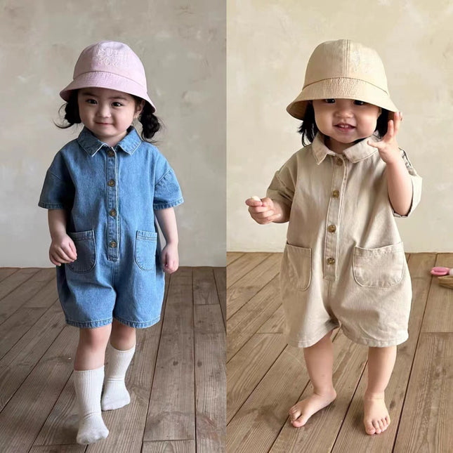 ☺︎ キッズジャンプスーツ デニム 半袖つなぎ ショートジャンプスーツ 2カラー - mamahalo shop - 半袖ジャンプスーツ -  べビー服 - 子供服 - 男の子 - 女の子