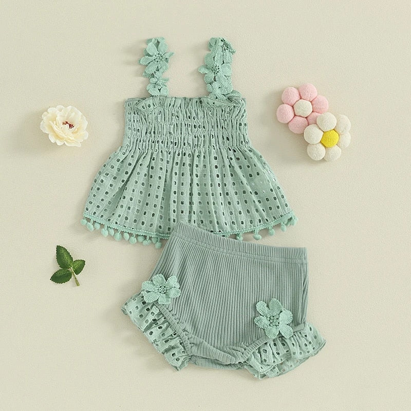 -ベビー セットアップ レース フラワー キャミソール チュニック ブラウス フリル ブルマパンツ ショートパンツ ガールズ【mh0002162】 - mamahalo shop - ノースリーブセットアップ -  べビー服 - 子供服 - 男の子 - 女の子