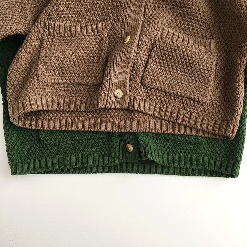 -キッズ服 カーディガン ジャケット アウター ニット ルーズ ポケット 無地 茶色 緑 2色 男の子 女の子 - mamahalo shop - カーディガン・パーカー -  べビー服 - 子供服 - 男の子 - 女の子