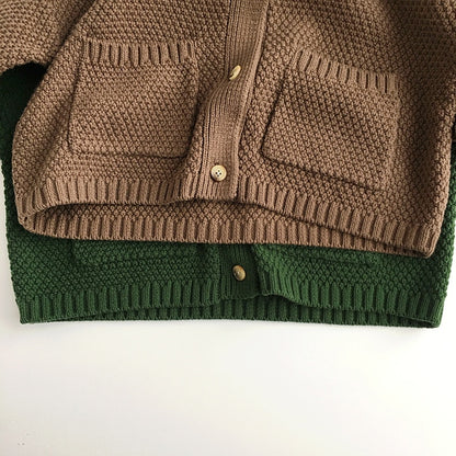 -キッズ服 カーディガン ジャケット アウター ニット ルーズ ポケット 無地 茶色 緑 2色 男の子 女の子 - mamahalo shop - カーディガン・パーカー -  べビー服 - 子供服 - 男の子 - 女の子