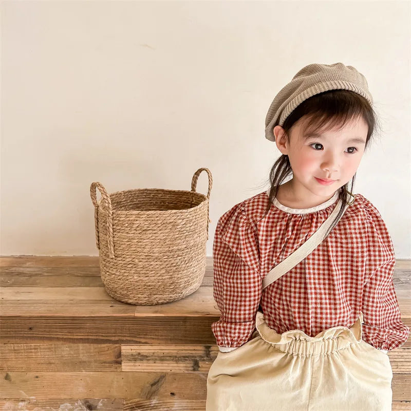 -キッズトップス 長袖パフスリーブTシャツ ブラウス チェック柄 レッド/コーヒー/2カラー - mamahalo shop - 長袖シャツ・ブラウス -  べビー服 - 子供服 - 男の子 - 女の子