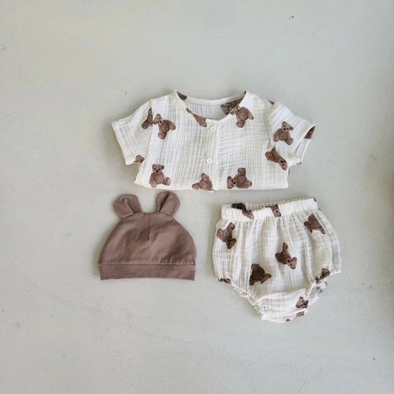 -ベビーセットアップ 2点セット 半袖シャツ+ブルマパンツ ベアくまプリント ベージュ【mh0000061】 - mamahalo shop - 半袖セットアップ -  べビー服 - 子供服 - 男の子 - 女の子