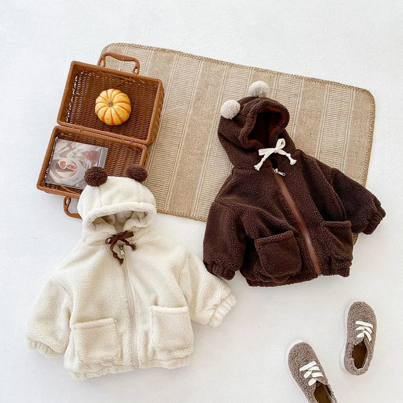 -キッズフーディ ぽんぽん耳付きフーディパーカー ベージュ ブラウン 2カラー ユニセックス 男の子 女の子 子供服 - mamahalo shop - カーディガン・パーカー -  べビー服 - 子供服 - 男の子 - 女の子