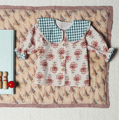 -キッズトップス 半袖パフスリーブブラウス レトロ チェック/フラワ花柄プリント【mh0005920】 - mamahalo shop - 半袖シャツ・ブラウス -  べビー服 - 子供服 - 男の子 - 女の子