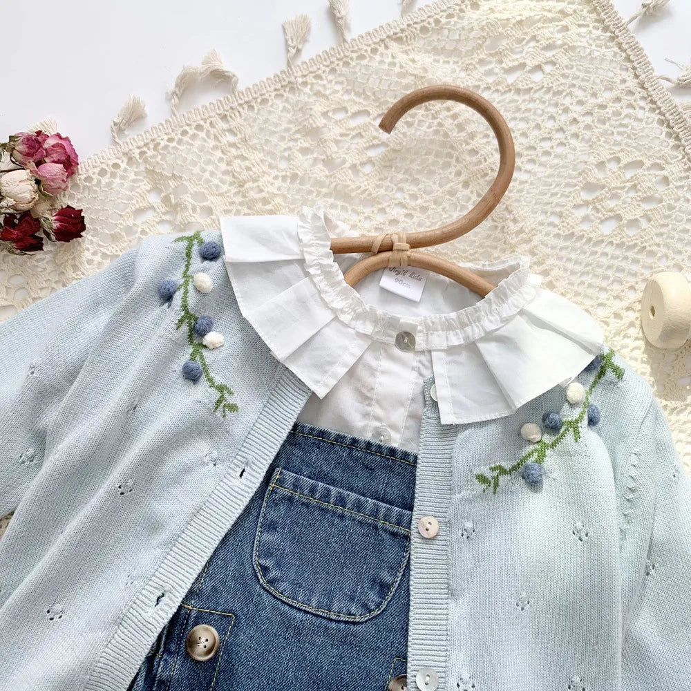 -キッズカーディガン ニットジャケット フラワー花柄刺繍 ピンク/ブルー/2カラー - mamahalo shop - カーディガン・パーカー -  べビー服 - 子供服 - 男の子 - 女の子