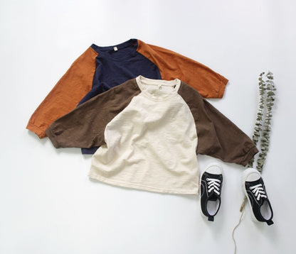 -キッズ パッチワーク ラグランスリーブ 長袖 Tシャツ バイカラー ロンT - mamahalo shop - 長袖Tシャツ -  べビー服 - 子供服 - 男の子 - 女の子