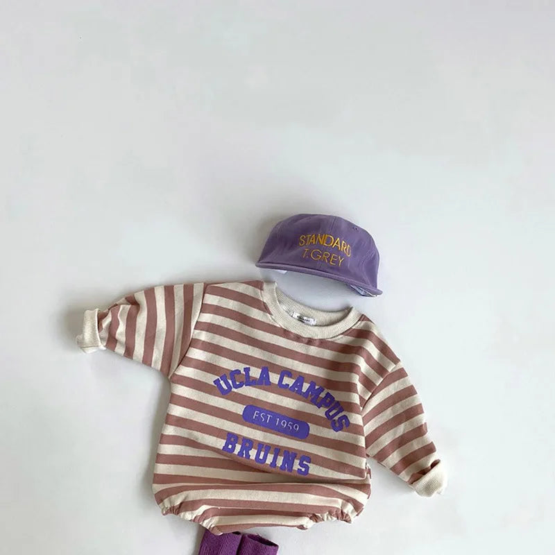 -ベビーロンパース ボーダー 長袖ボディスーツ レターロゴプリント 2カラー【mh0004738】 - mamahalo shop - 長袖ロンパース -  べビー服 - 子供服 - 男の子 - 女の子